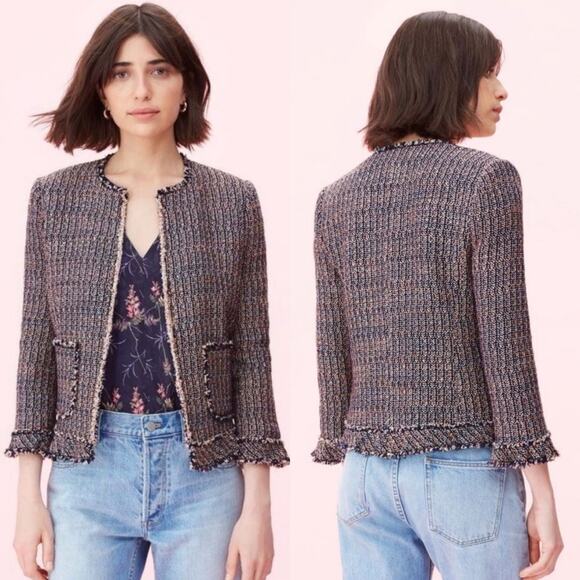 Rebecca Taylor Tweed Open Front Blazer Frayed Trim Navy w/ Pink & White Small - Picture 1 of 11